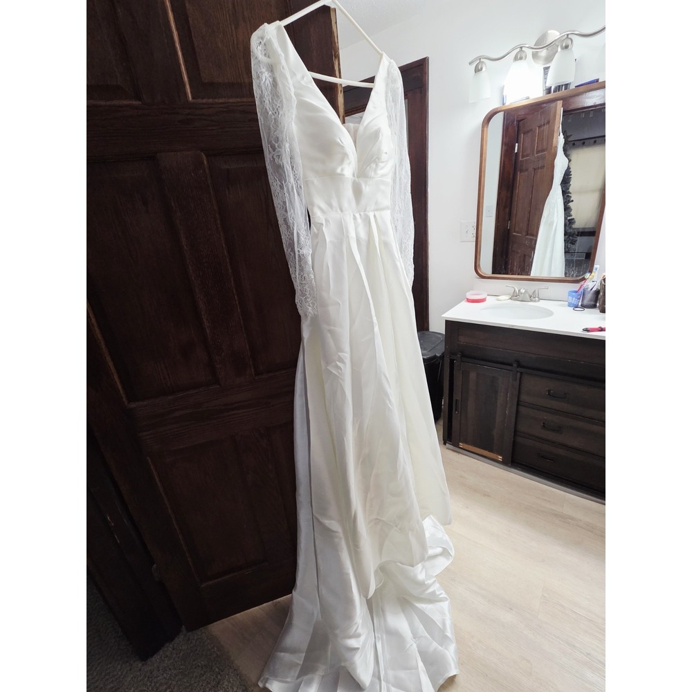 STUNNING Ivory Satin Lace Wedding Dress • Deep V Corset • Long Lace Sleeves •...